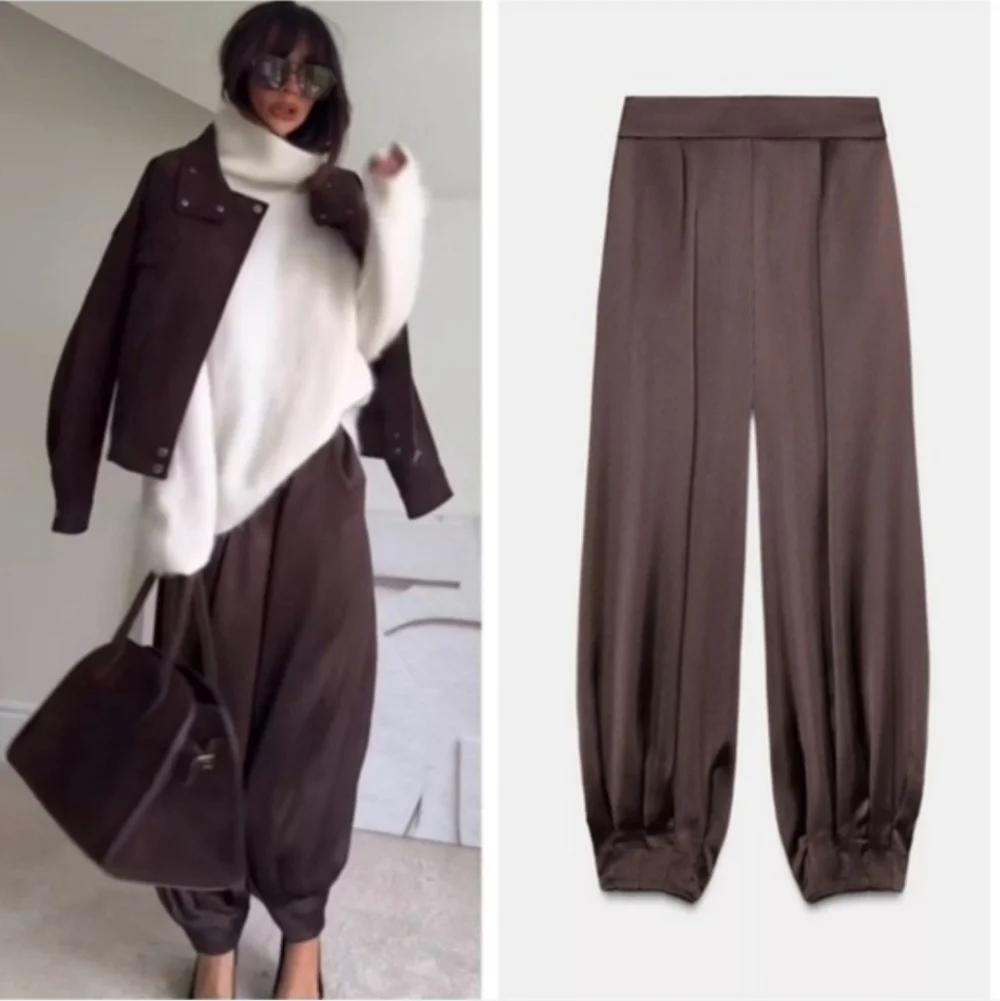 ZARA SATIN BALLOON PANTS BROWN SIZE XS